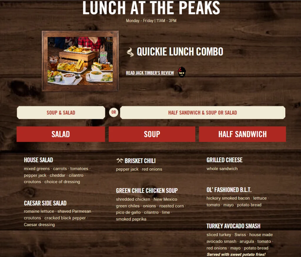 Twin Peaks Lunch Combos Menu USA