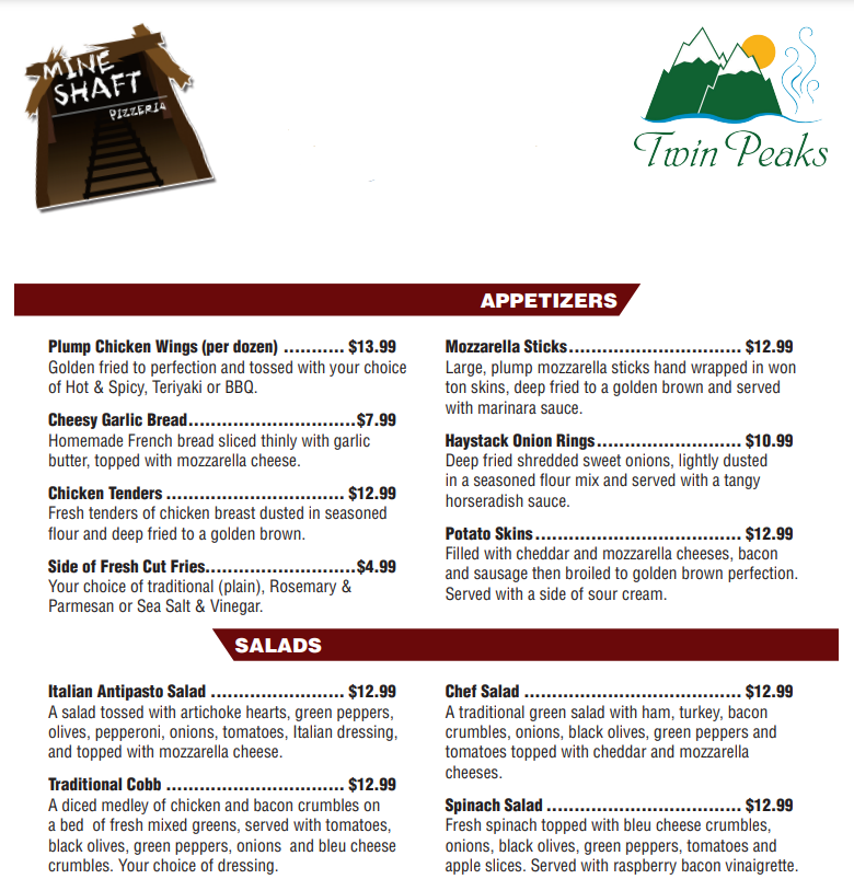 Twin Peaks Menu Prices USA