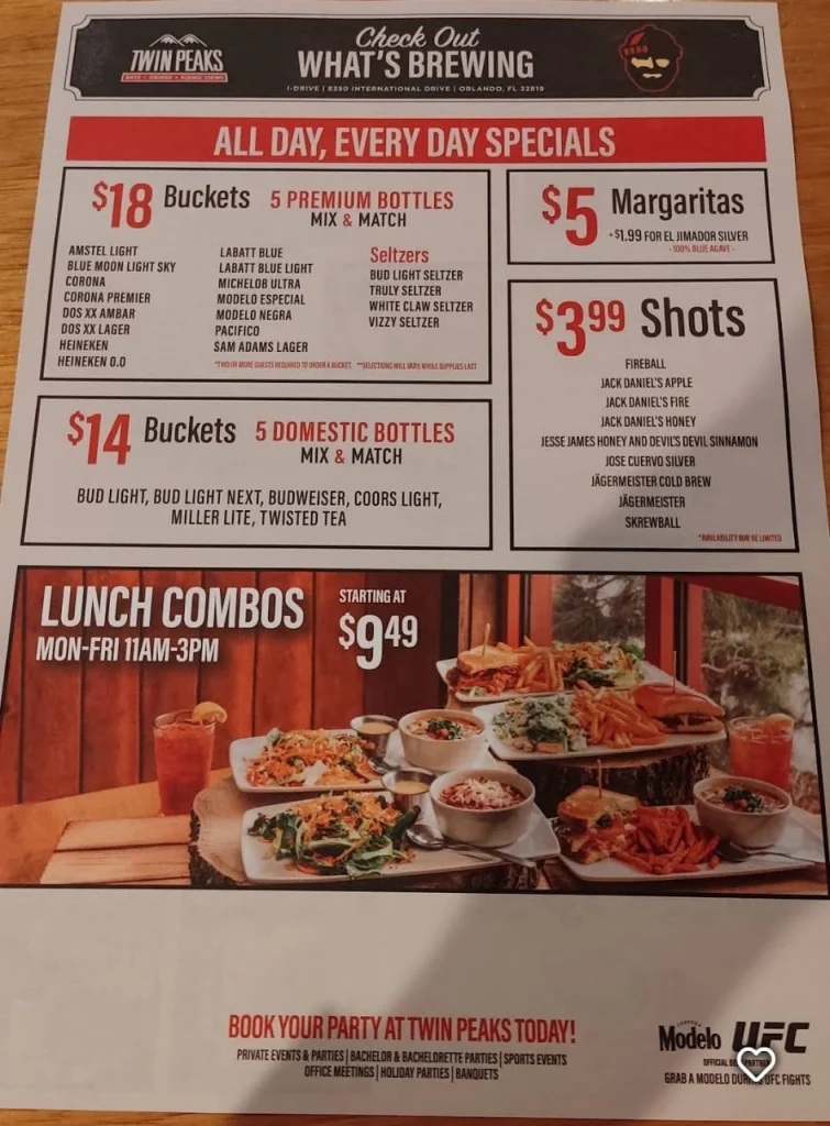 Twin Peaks Menu With Prices USA