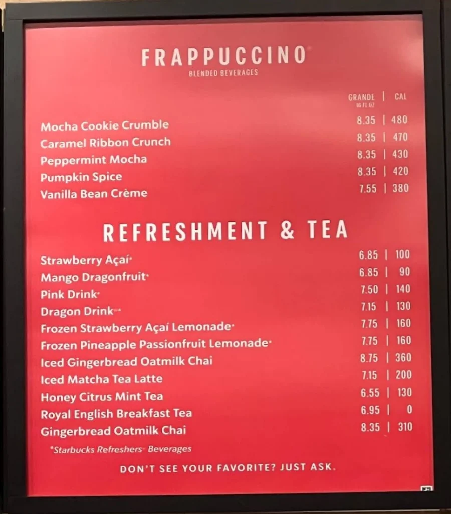 Updated Starbucks Menu Prices USA