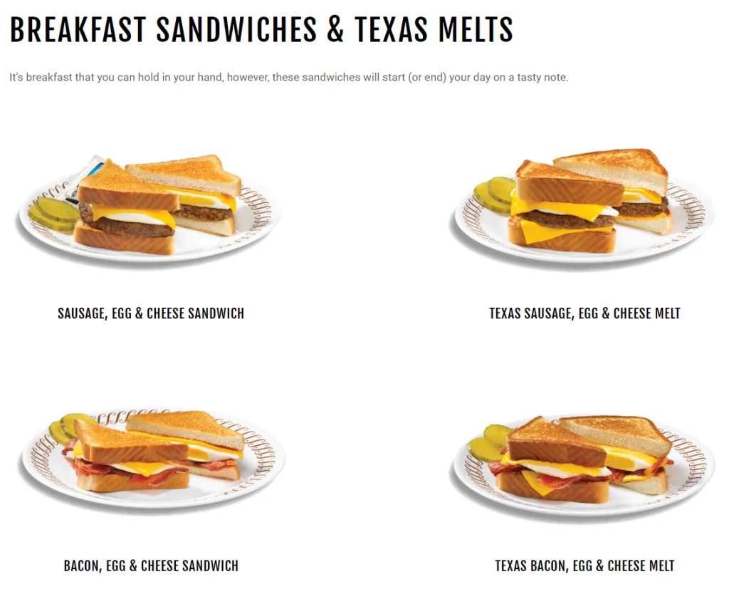 Waffle House Breakfast Sandwiches & Texas Melts Menu USA