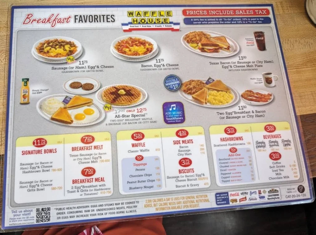 Waffle House Menu Items Prices USA