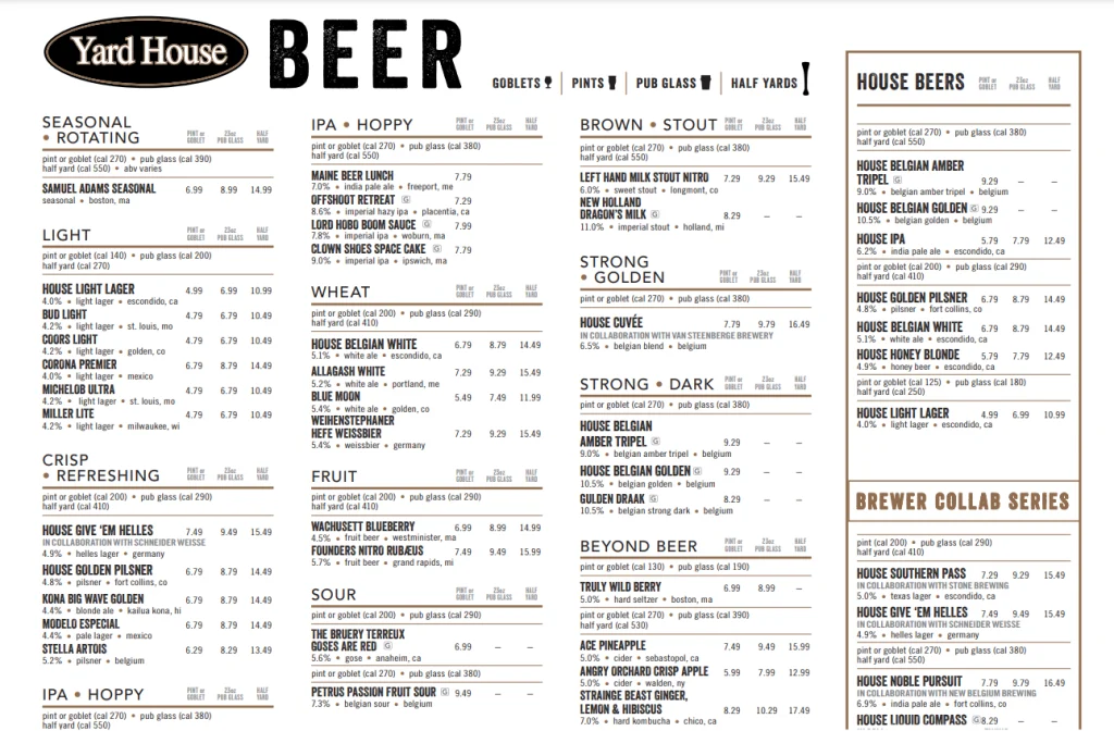 Yard House Menu Items Prices USA