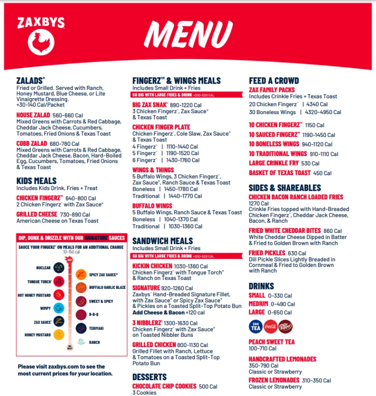 Zaxby's Menu USA