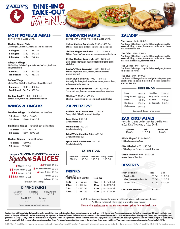 Zaxby's Menu Items Prices USA