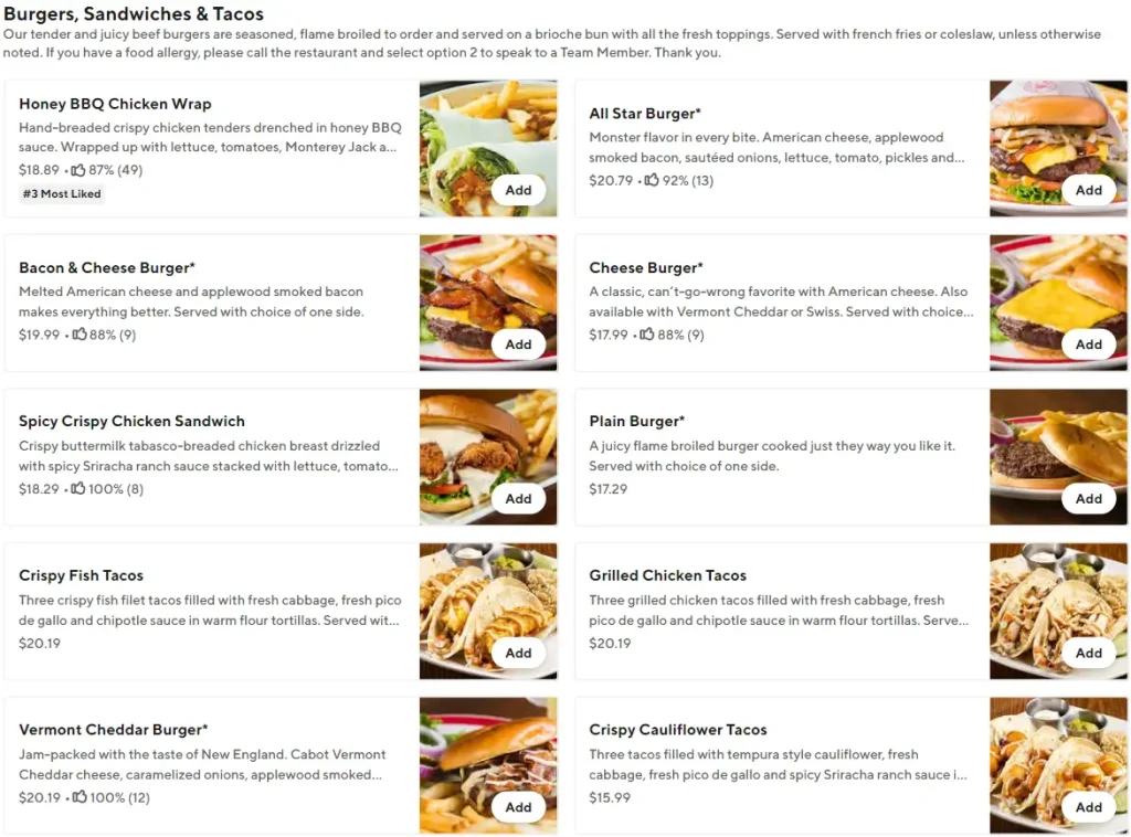 99 Restaurant Burgers, Sandwiches & Tacos Menu USA