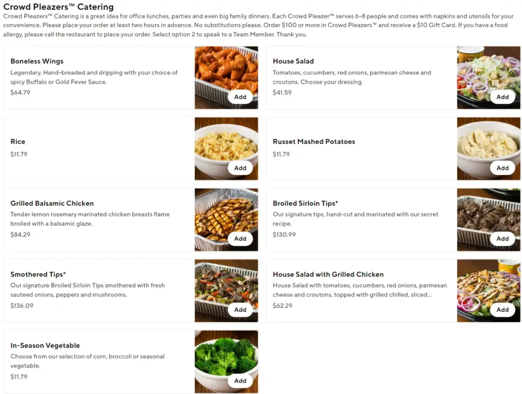 99 Restaurant Crowd Pleazers™ Catering Menu USA