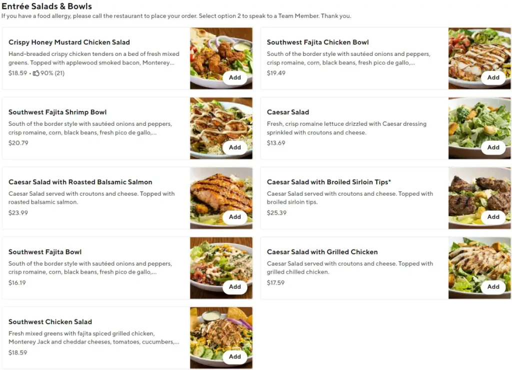 99 Restaurant Entrée Salads & Bowls Menu USA