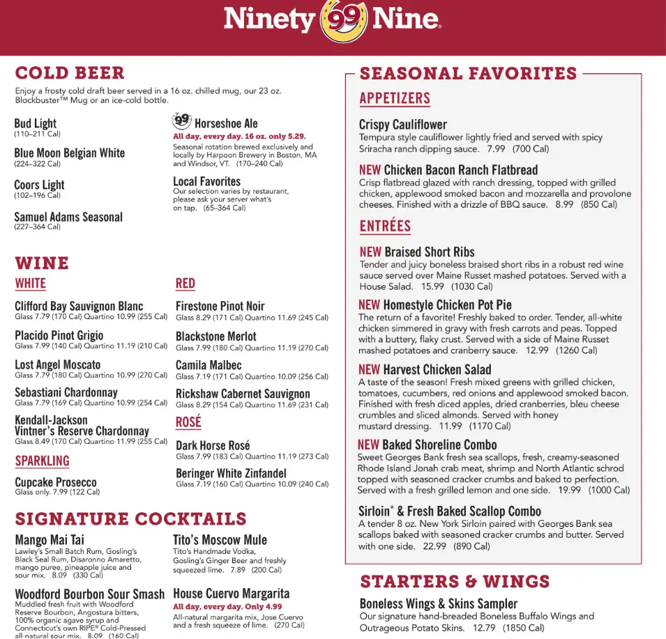 99 Restaurant Menu USA