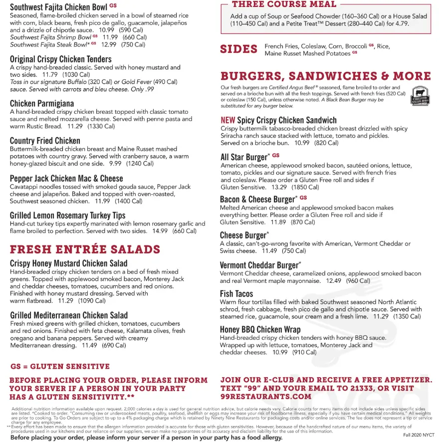 99 Restaurant New Menu Items Prices USA