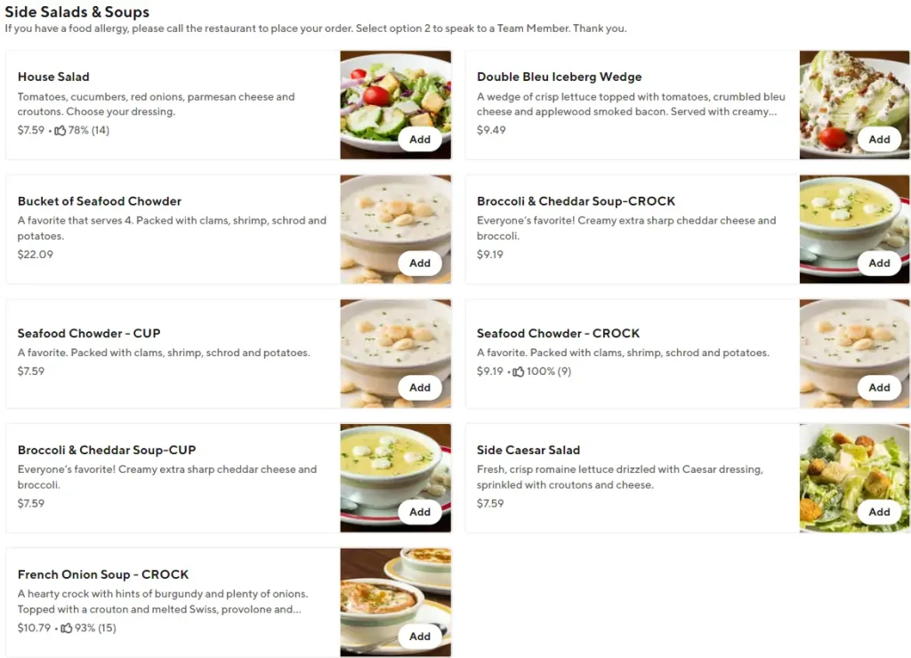 99 Restaurant Side Salads & Soups Menu USA