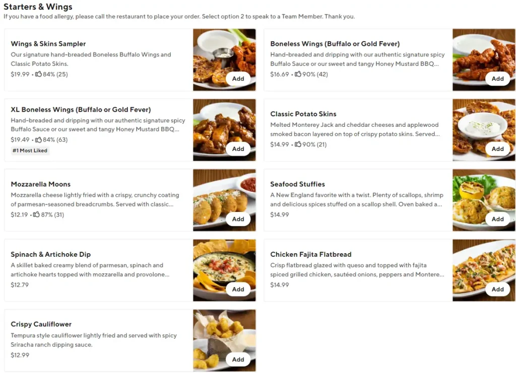 99 Restaurant Starters & Wings Menu USA