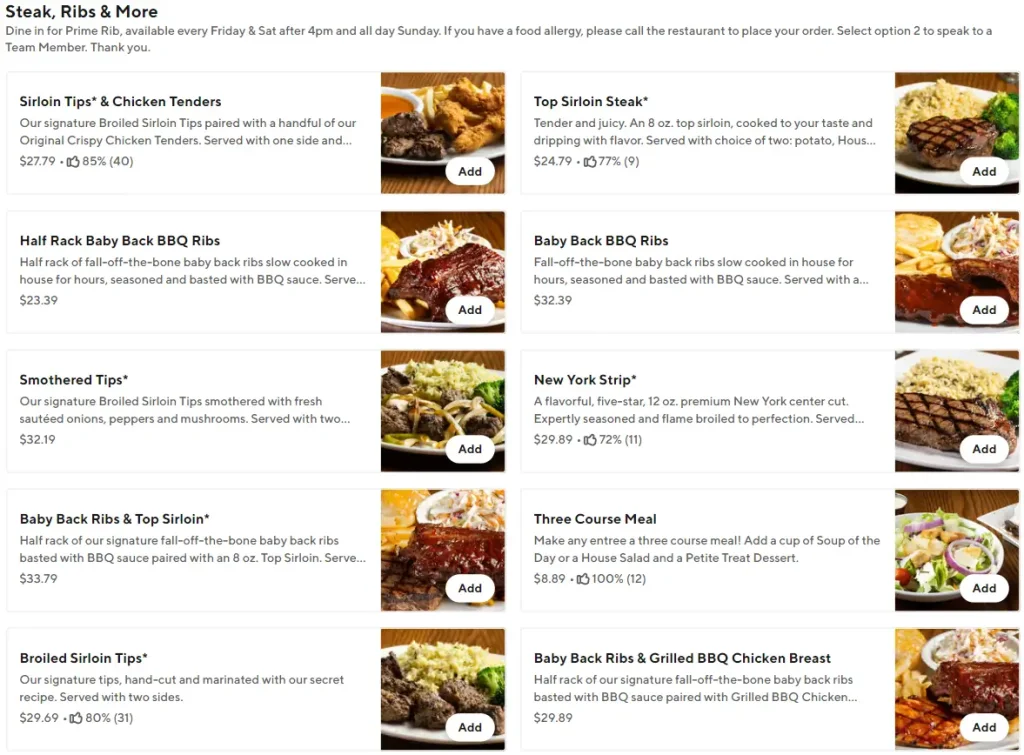 99 Restaurant Steak, Ribs & More Menu USA