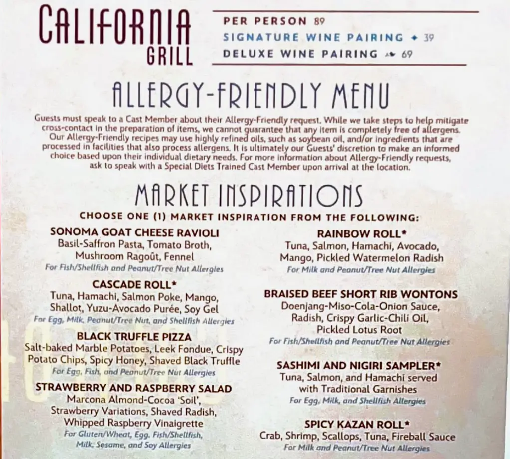 Allergens Values Of California Fish Grill Menu USA