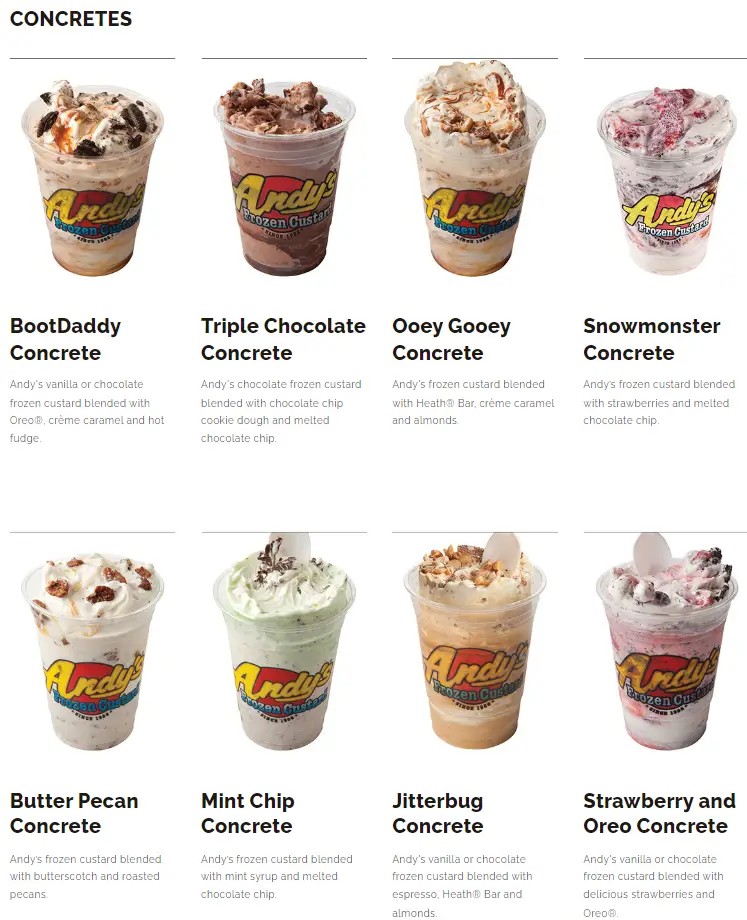 Andy's Frozen Custard Concretes Menu USA