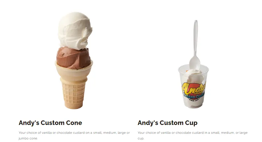 Andy's Frozen Custard Cups & Cones Menu USA