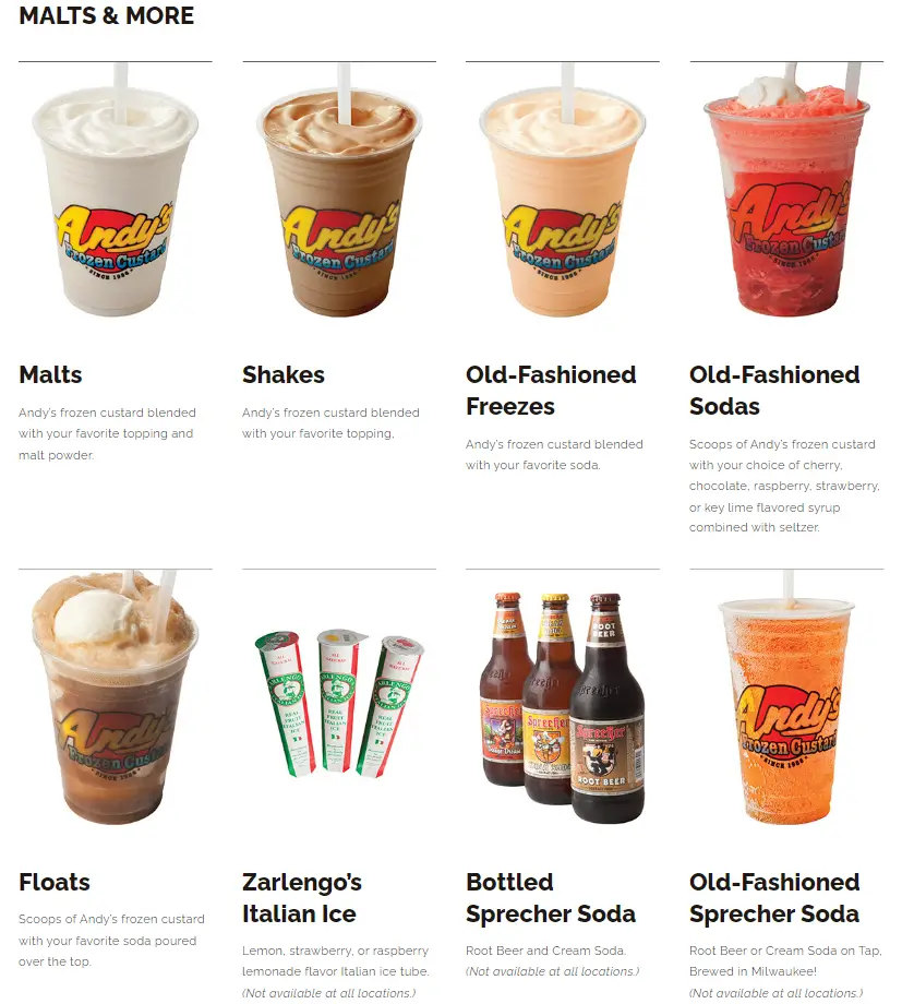 Andy's Frozen Custard Malts & More Menu USA