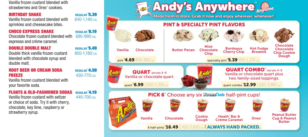 Andy's Frozen Custard Menu Prices USA