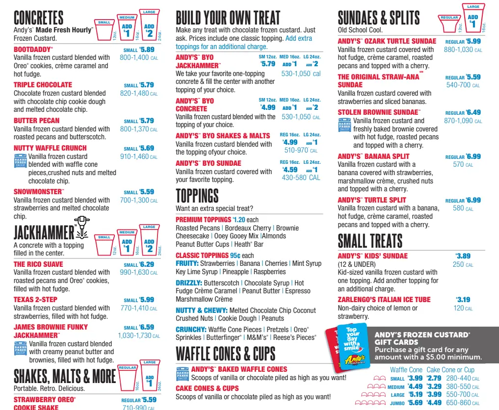 Andy's Frozen Custard Menu With Prices USA