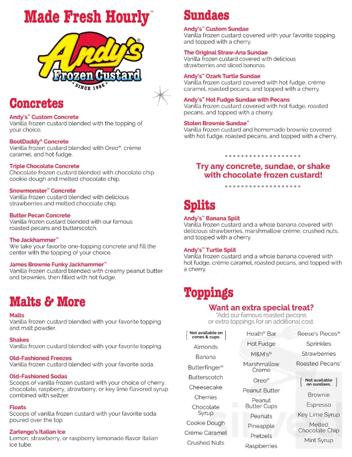 Andy's Frozen Custard Menu USA