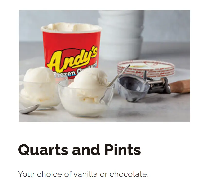 Andy's Frozen Custard Pints & Quarts Menu USA