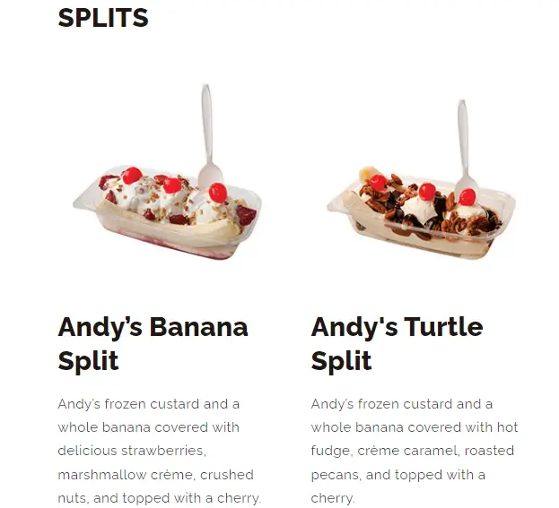 Andy's Frozen Custard Splits Menu USA