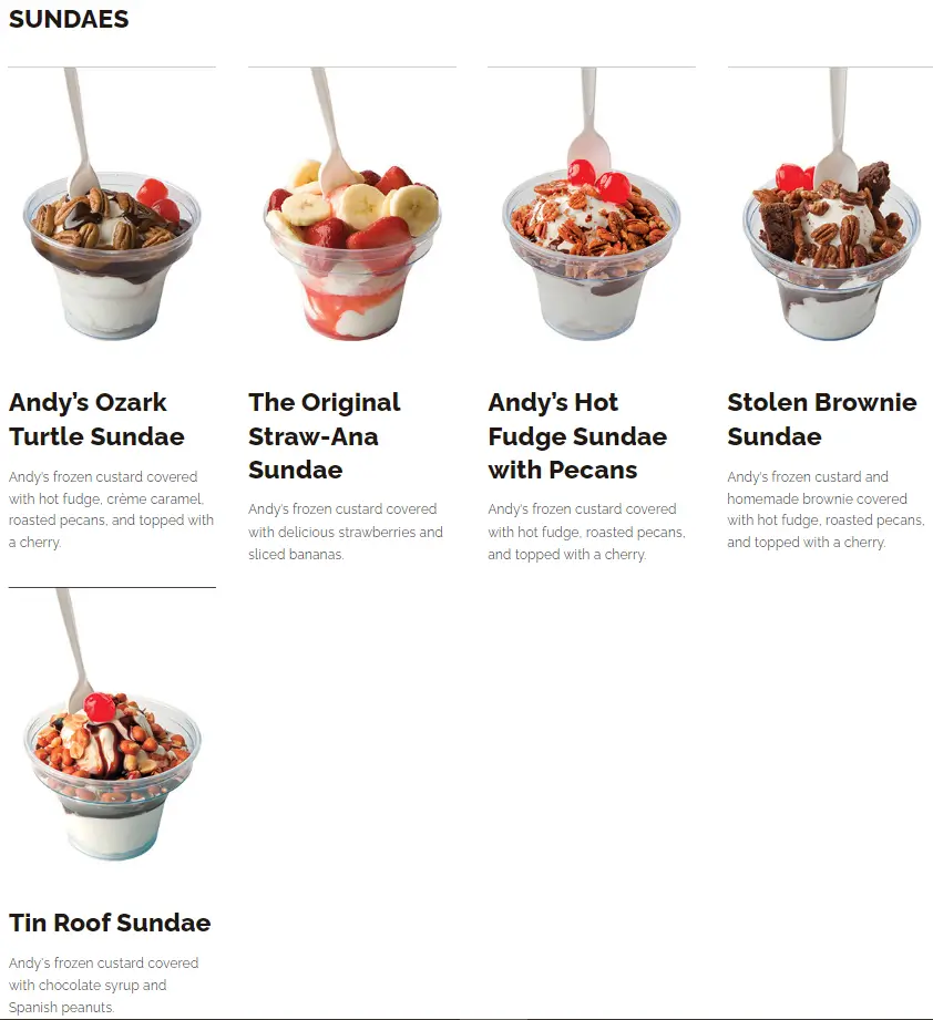 Andy's Frozen Custard Sundaes Menu USA