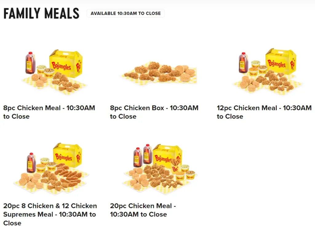 Bojangles Family Meals Menu USA