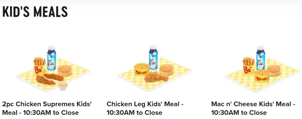 Bojangles Kid’s Meals Menu USA