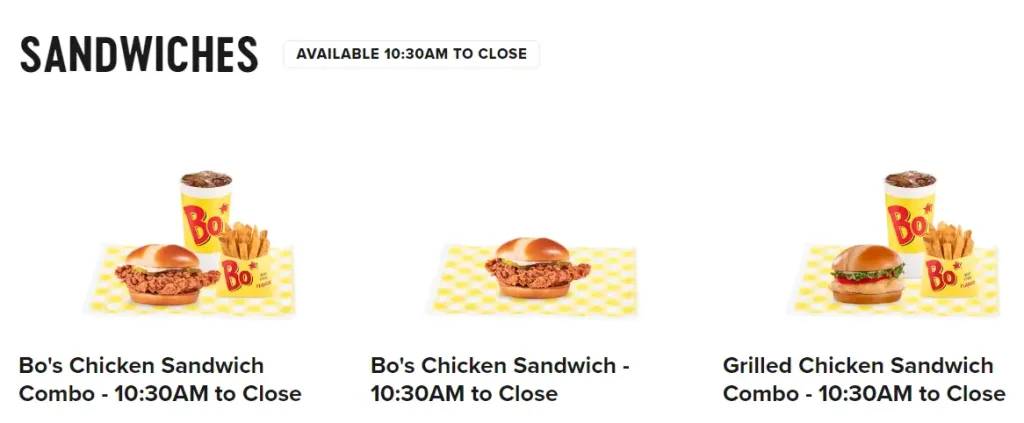 Bojangles Sandwiches Menu USA