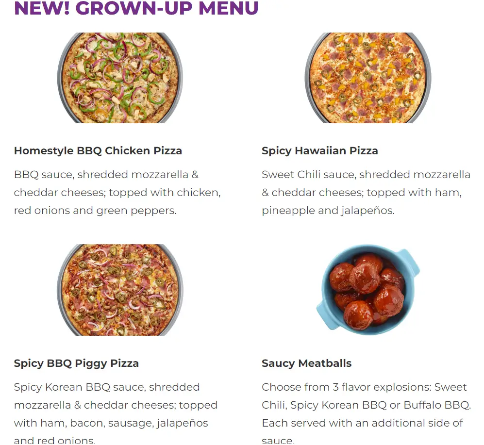 Chuck E. Cheese Grown-Up Menu USA