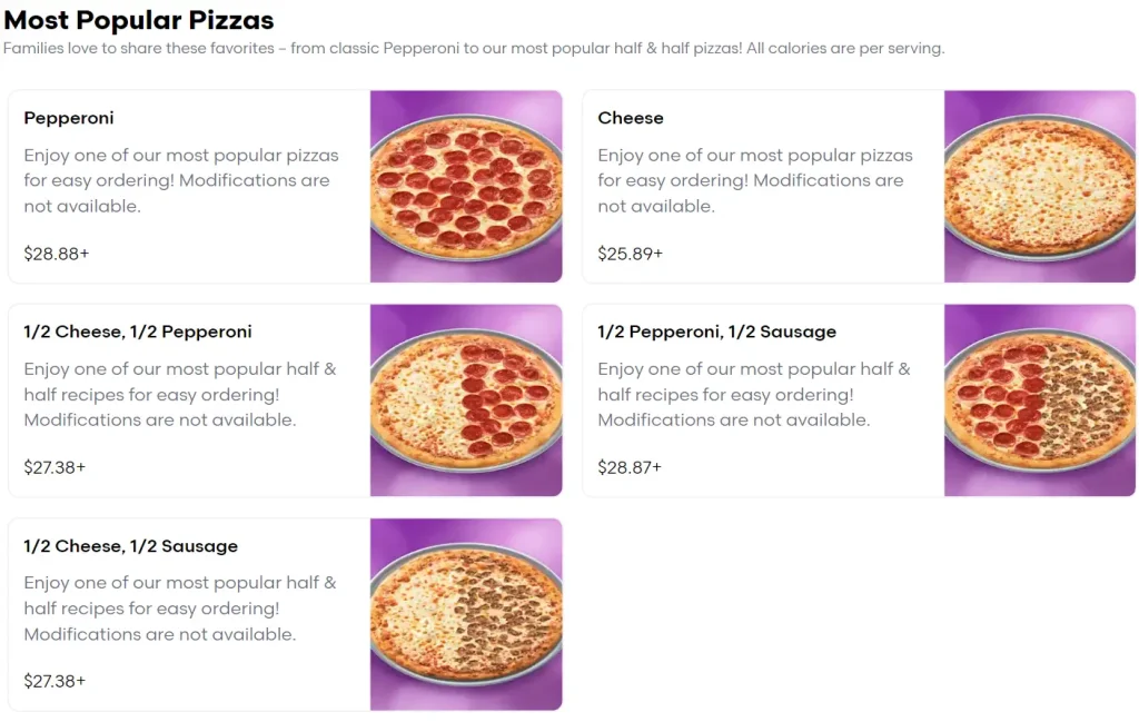 Chuck E. Cheese Most Popular Pizzas Menu USA