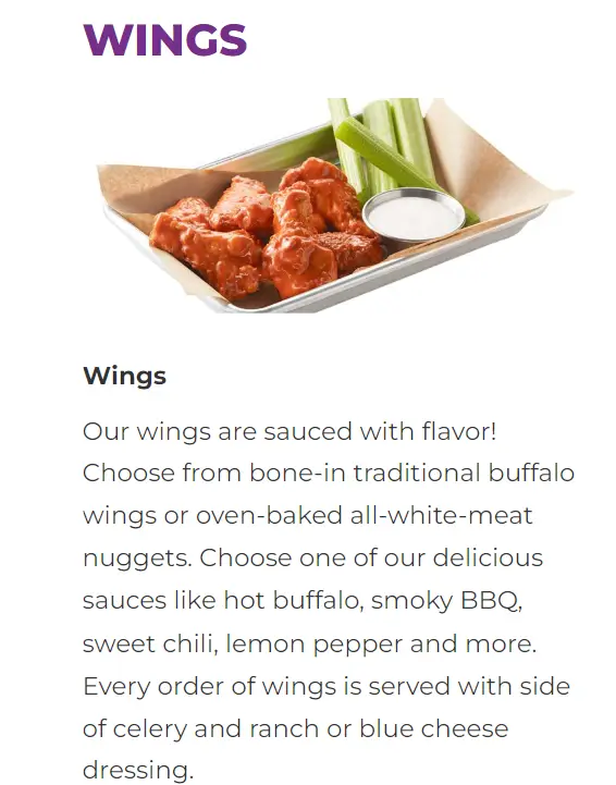 Chuck E. Cheese Wings Menu USA