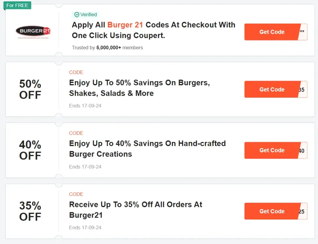 Coupons & Promo Code For Burger 21 Menu USA