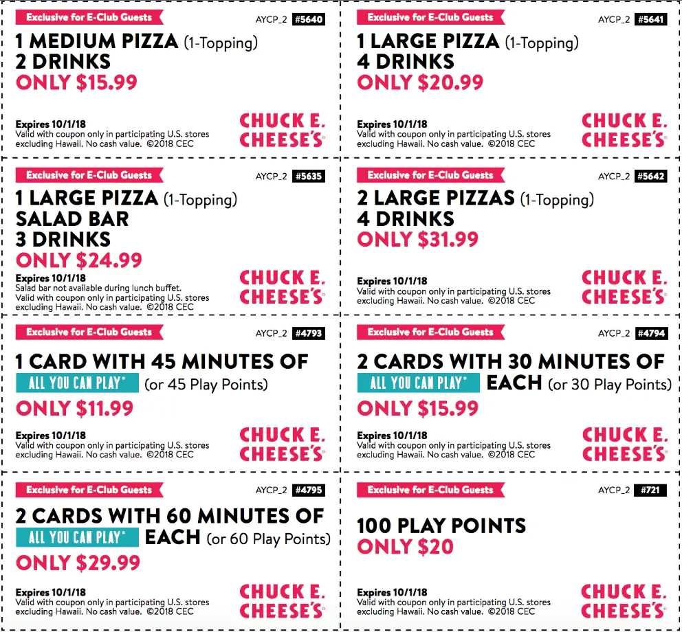 Coupons & Promo Code For Chuck E. Cheese Menu USA