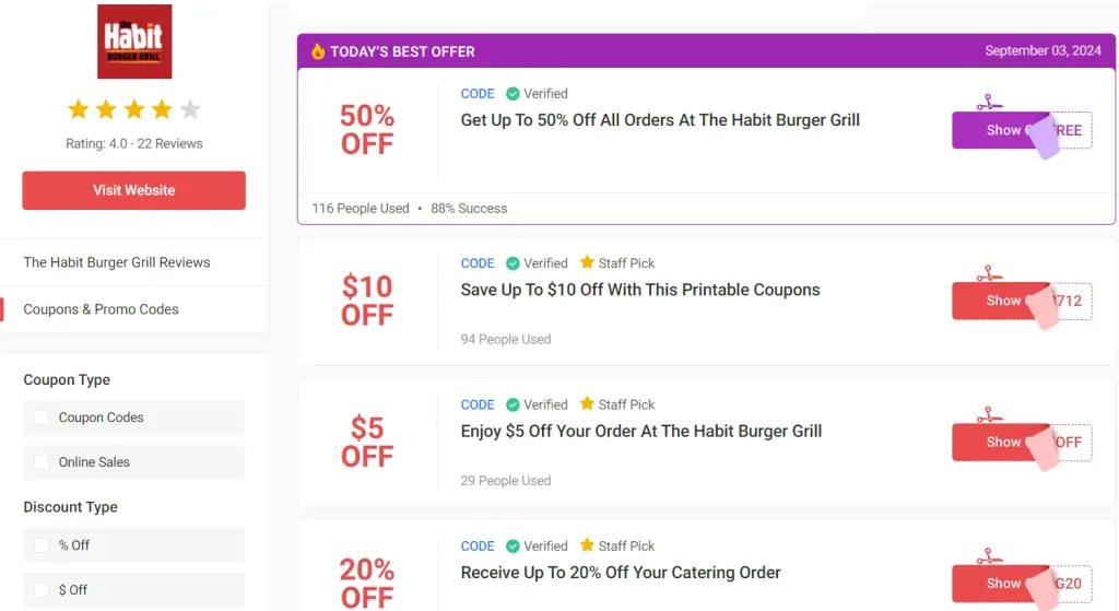 Coupons & Promo Code For Habit Burger Grill Menu USA