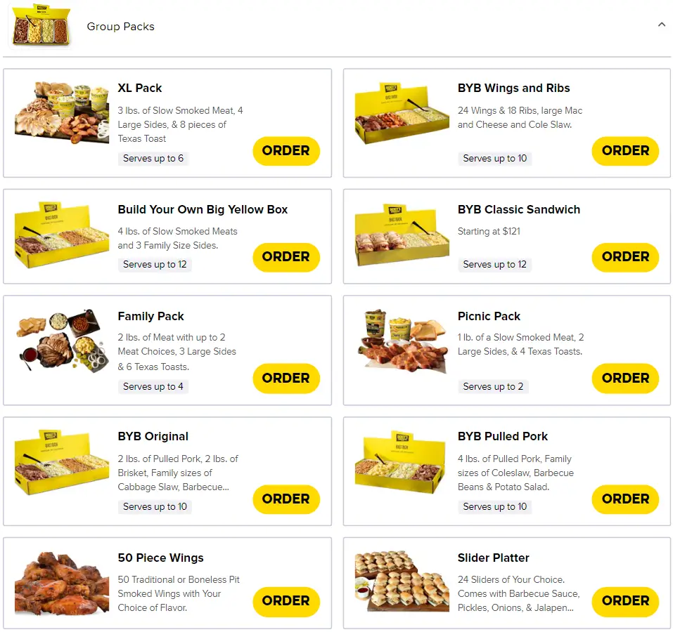 Dickey’s Barbecue Pit Group Packs Menu USA