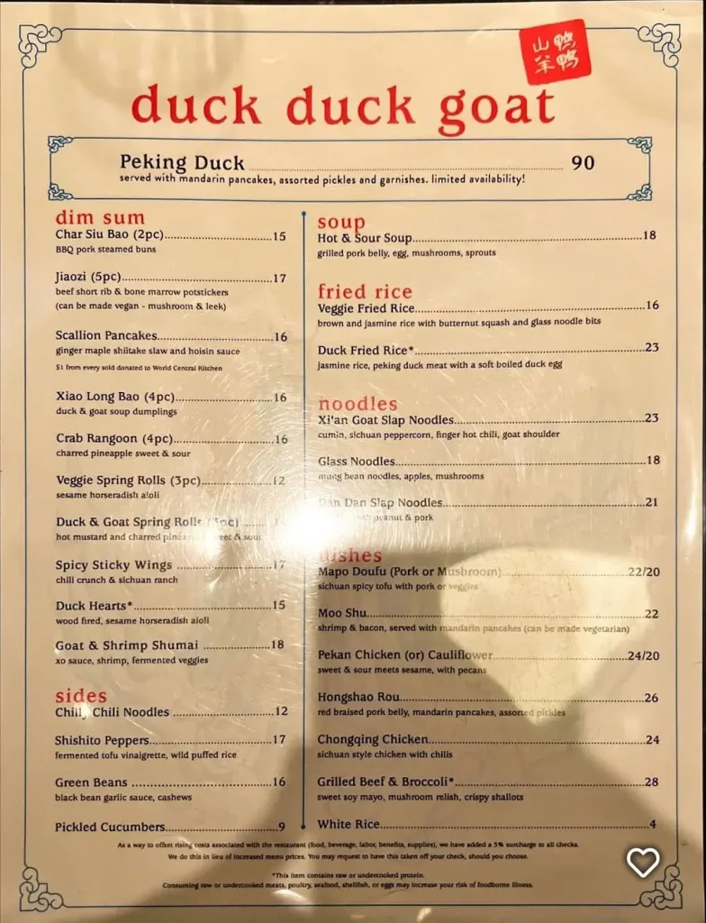 Duck Duck Goat Menu With Prices USA