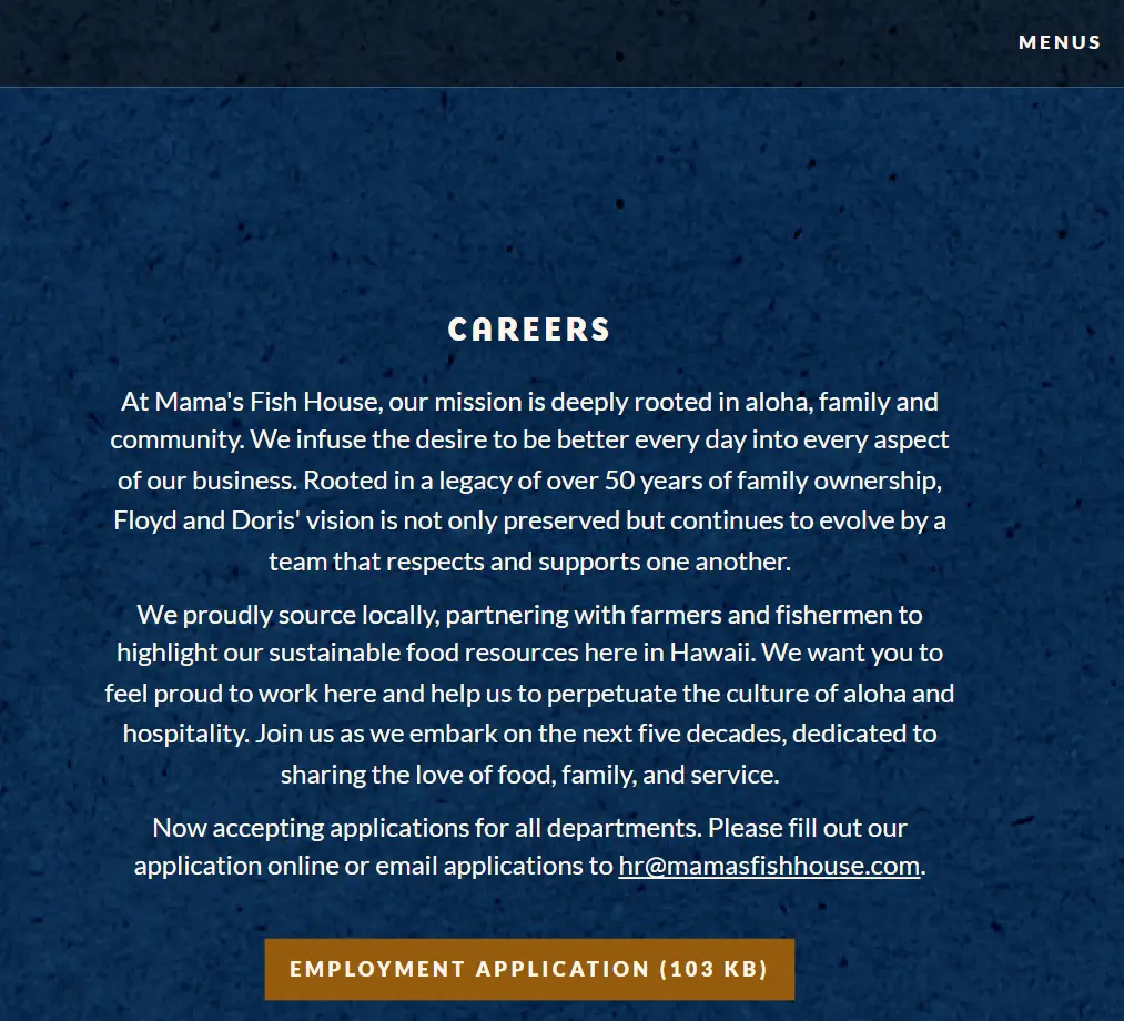 Explore Career Opportunities Mama's Fish House Menu USA