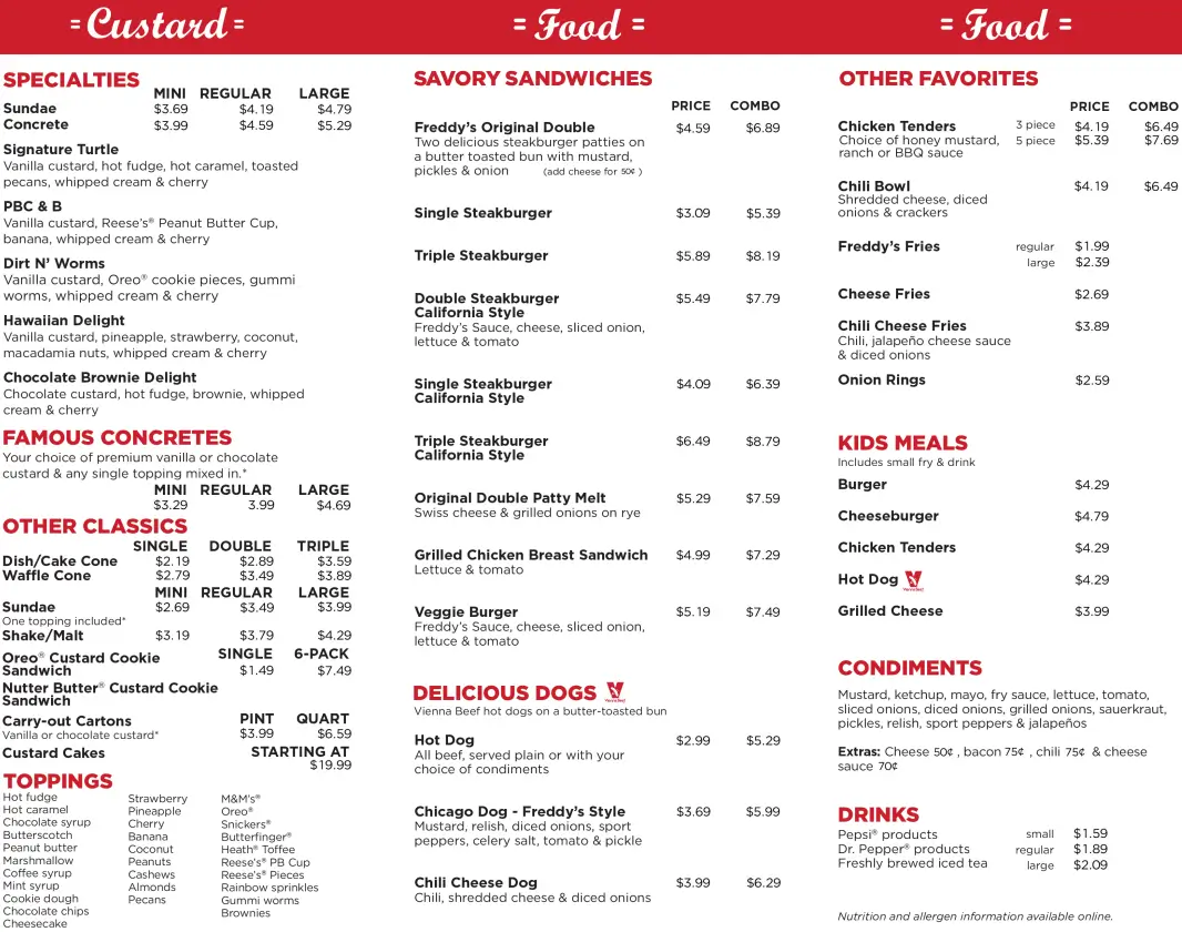 Freddy's Menu USA