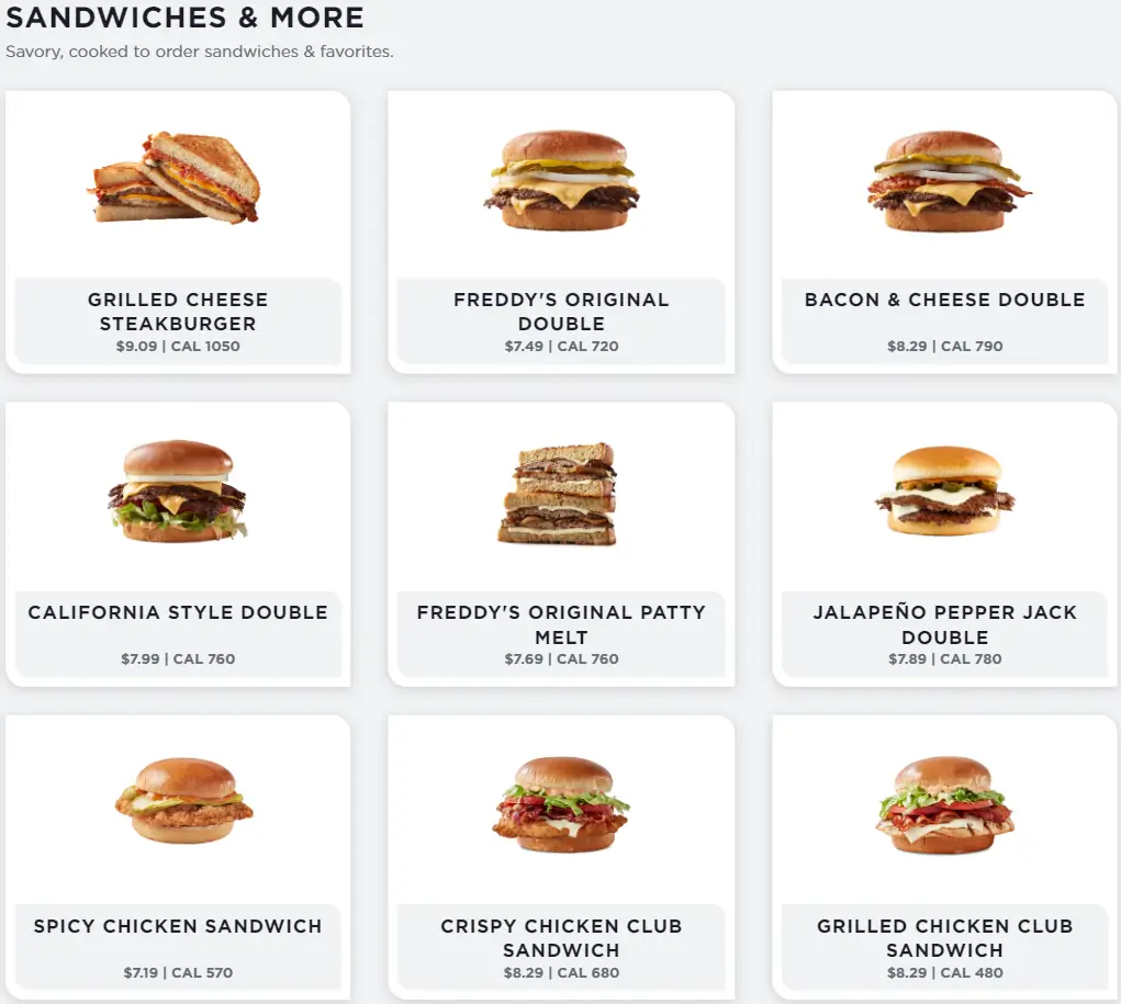 Freddy's SANDWICHES AND MORE Menu USA