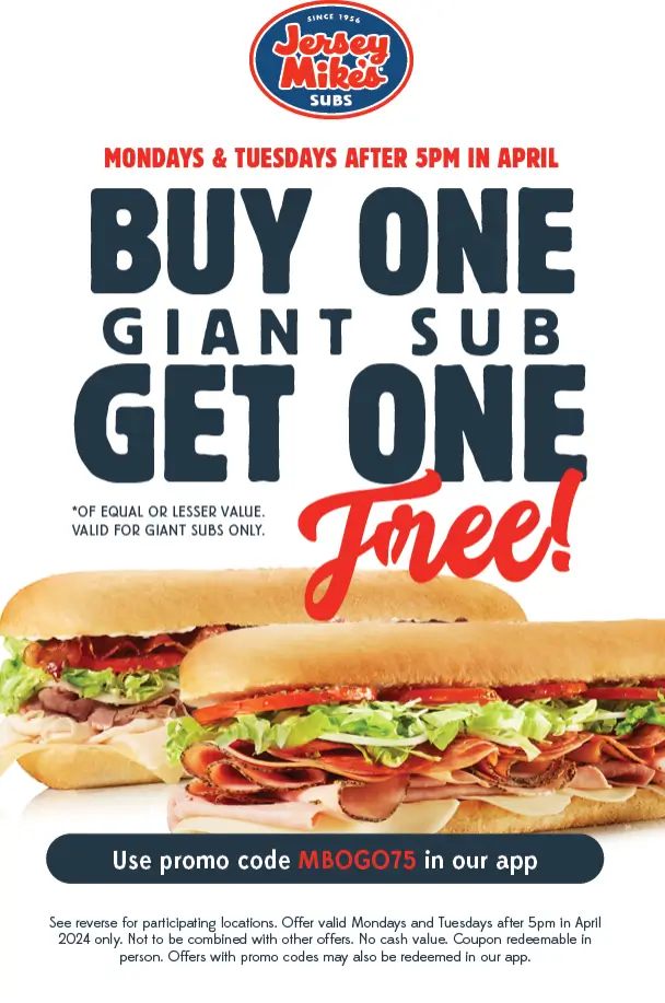 Jersey Mike’s Subs Buy One, Get One Free Deal USA