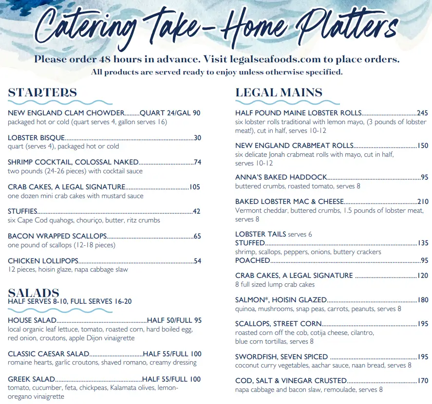 Legal Sea Foods Catering Menu With Prices USA