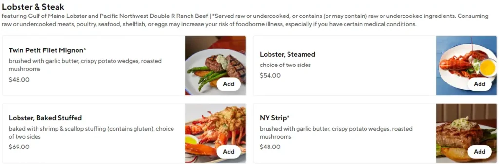 Legal Sea Foods LOBSTER & STEAK Menu USA