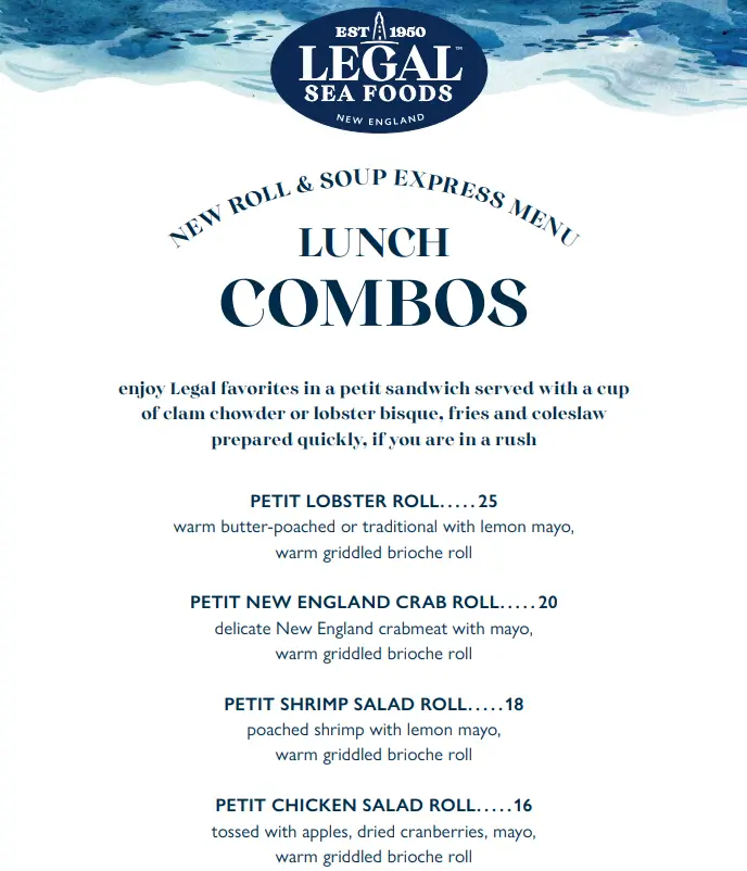 Legal Sea Foods Lunch Combos Menu USA