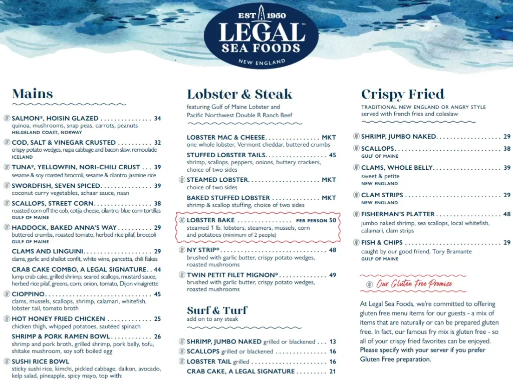 Legal Sea Foods Menu With Prices USA