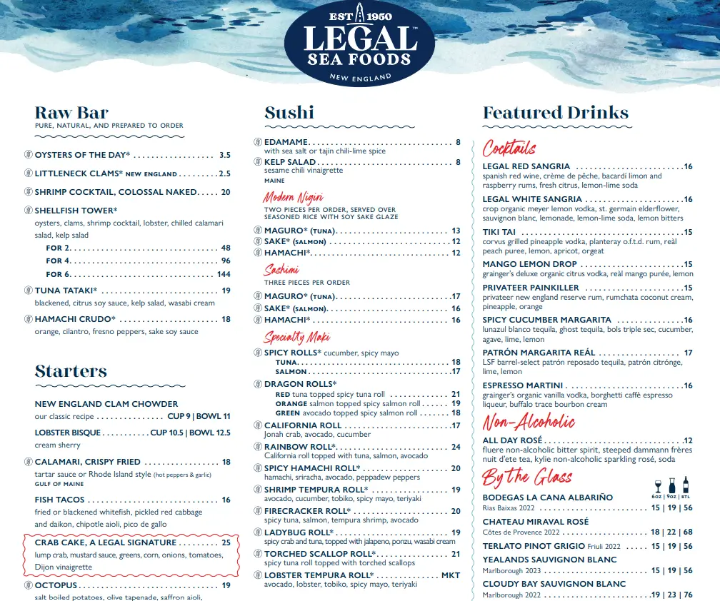 Legal Sea Foods Menu USA