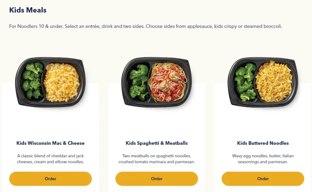 Noodles & Company Kids Meals Menu USA