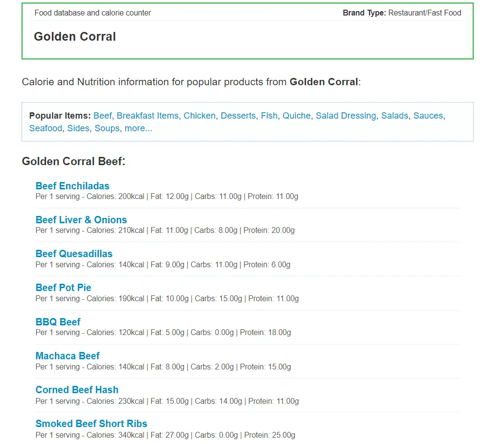 Nutrition Values About Golden Corral Menu USA