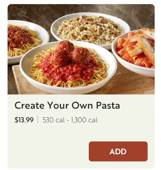 Olive Garden Create Your Own Pasta Menu USA